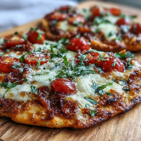 Crispy Garlic Parmesan Naan Pizza fresh from the oven, bubbling with mozzarella and topped with vibrant cherry tomatoes and spinach.