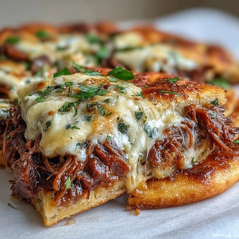 Golden, melty provolone and mozzarella stretch over tender shredded beef and onions piled on warm garlic naan, ready for dipping in rich jus.