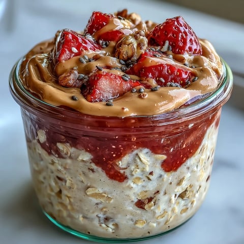 Creamy overnight oats topped with a vibrant strawberry jam swirl and rich peanut butter, served in a clear jar.