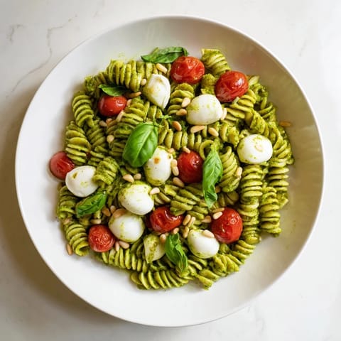 Chilled cold pasta salad with pesto showcasing creamy mozzarella and bright red cherry tomatoes.