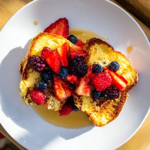 A delightful plate of warm French toast, berries bursting with flavor, drizzled with maple syrup.