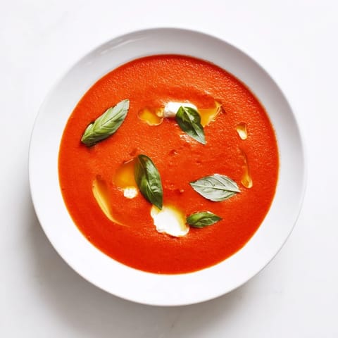 Close-up of a flavorful homemade Tomato and Basil Comfort Soup, garnished with green basil.