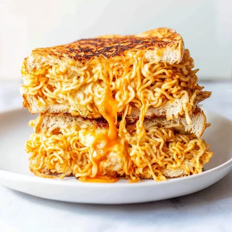 Savory Instant Ramen Grilled Cheese features melted cheese between crunchy ramen "buns" with hot sauce.