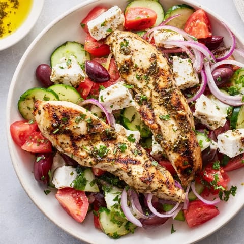A light and healthy Greek Salad with grilled chicken, perfect for a summer lunch enjoyed outdoors.