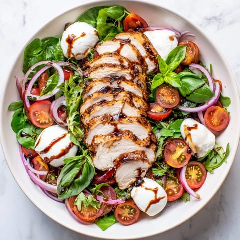 Fresh basil and balsamic glaze brighten this Caprese Chicken Salad, a flavorful Italian meal.