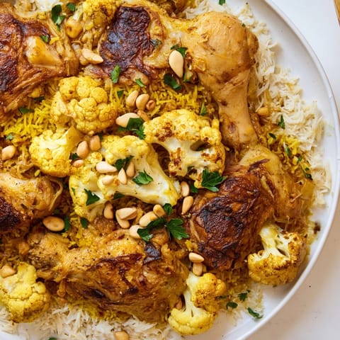 A steaming, inverted Maklouba: fragrant spiced rice and tender chicken on a serving platter.