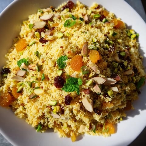 A vibrant bowl of golden Couscous Pilaf Spiced, featuring tender dried apricots and raisins alongside fluffy couscous on a rustic table.  