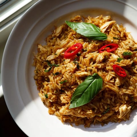 Fragrant Thai Basil Chicken Fried Rice, loaded with tender chicken, spicy chilies, and aromatic holy basil, served hot.