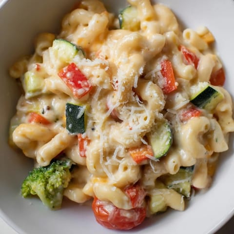 Steam rises from a bowl of Roasted Veggie Mac & Cheese featuring cheesy pasta and caramelized zucchini, perfect for a cozy dinner.
