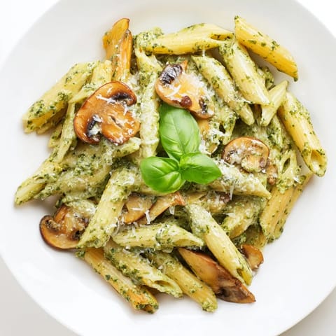 Savory Mushroom Pesto Pasta tossed in a rich basil cream sauce, garnished with fresh herbs on a rustic wooden table.