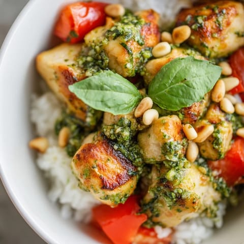 Freshly diced tomatoes and toasted pine nuts top this warm, hearty Chicken Pesto Rice Bowl.  
