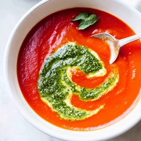 Tomato Soup with Basil Pesto Swirl steaming gently on a table, garnished with fresh basil leaves and grated Parmesan.  