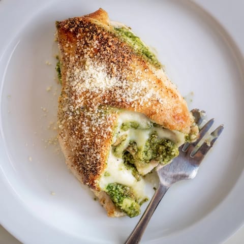 Tender sliced Mozzarella & Pesto Stuffed Chicken reveals a gooey mozzarella and vibrant green pesto filling, served alongside fresh roasted tomatoes.