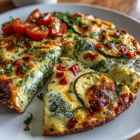 Golden-brown Vegetable Frittata in a skillet, featuring vibrant broccoli, bell peppers, and zucchini, topped with melted cheese for a perfect brunch.  