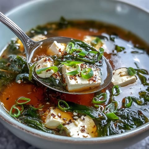 Warm miso soup with tofu served in a ceramic bowl, garnished with sliced scallions, perfect as a light appetizer or meal.  