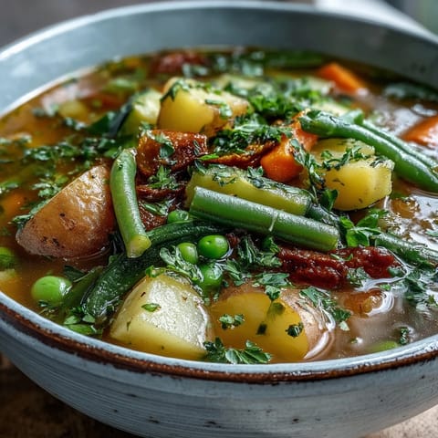 Tender potatoes, carrots, and peas in a rustic Potato and Vegetable Soup, garnished with fresh parsley.