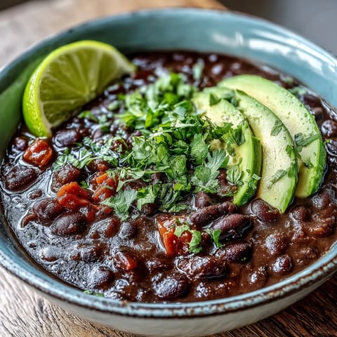 A bowl of rich Black Bean Soup topped with sour cream and lime wedges, served alongside crusty bread.