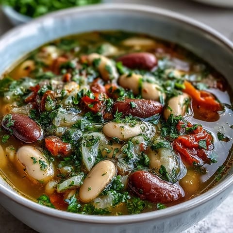 Three-Bean Salad Soup served hot, garnished with fresh parsley and cherry tomatoes alongside crusty artisan bread for dipping.