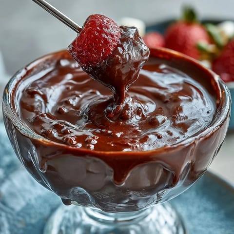 A warm pot of Boozy Chocolate Fondue with strawberries and pretzels on the platter.