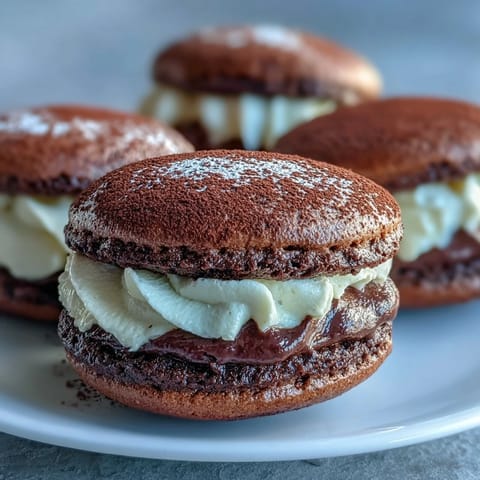 Tiramisu Whoopie Pies dusted with cocoa powder sit on a rustic wooden board.