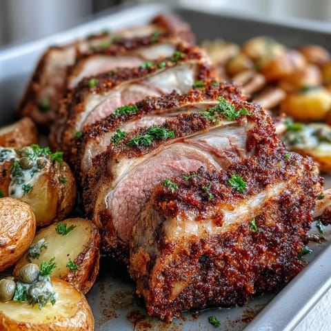 A juicy rack of lamb roasted to medium-rare with herb crust, resting alongside crispy potatoes studded with bright green olives on a parchment-lined tray.
