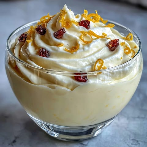 Bright Lemon Fool dessert served in a vintage glass, garnished with fresh berries and a dollop of creamy whipped topping.