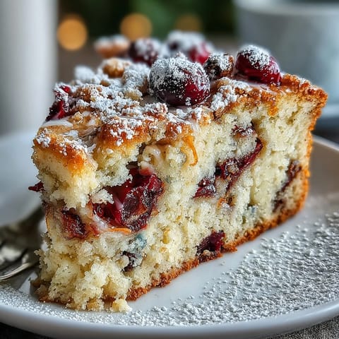 Warm slice of Cranberry Orange Breakfast Cake showing tender crumb with orange zest flecks and tart cranberry pieces.