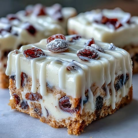A close-up of Cranberry Bliss Bars showing glossy white chocolate drizzle over zesty orange frosting and ruby dried cranberries.