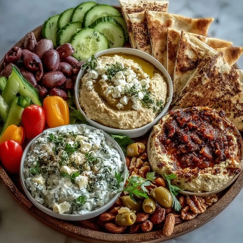 A vibrant Mediterranean Brunch Board featuring feta, olives, and colorful dips for a festive appetizer spread.