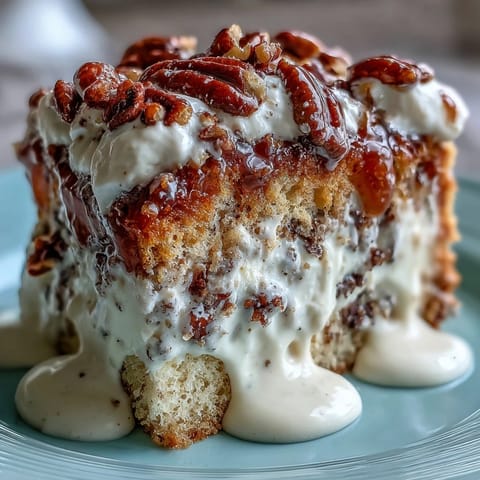 Butter Pecan Tres Leches Cake served chilled with a drizzle of warm brown sugar pecan glaze.