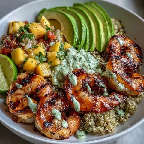 Grilled Fresh Shrimp and Creamy Avocado Bowls with Zesty Mango Salsa and Lime Chili Sauce served over quinoa with lime wedges for dinner.