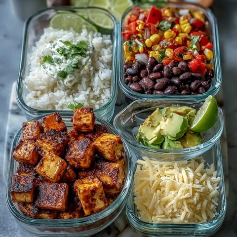 A vibrant, deconstructed Meal Prep Burrito Bowl Base with toppings like creamy avocado, shredded cheese, and pico de gallo ready to mix.