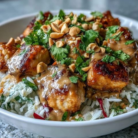 A vibrant Peanut Chicken Protein Bowl with sautéed chicken over fluffy coconut rice, topped with crisp red cabbage and carrots.