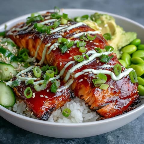 A close-up of the Honey Sriracha Salmon Bowl with glazed fillet over fluffy rice, topped with avocado and sesame seeds.