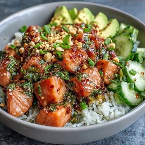 This easy 35-minute Avocado Salmon Bowl features marinated salmon, avocado slices, and spicy chili oil drizzled over warm rice.