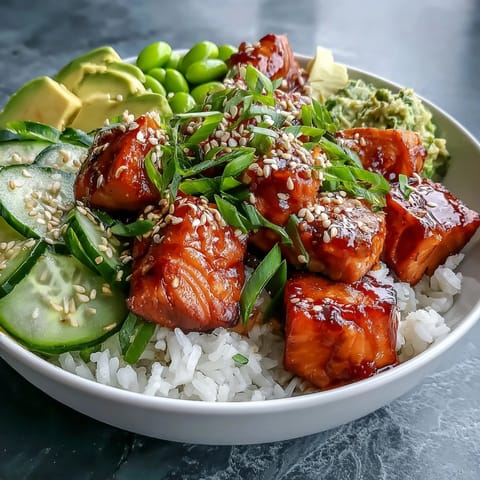 Golden baked salmon cubes glazed with soy and honey sit atop fluffy jasmine rice, with edamame, cucumber, and avocado slices. Sriracha mayo drizzles over the finished Salmon Rice Bowl.