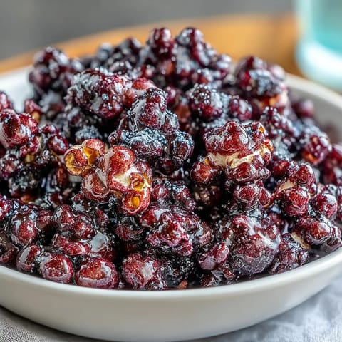 Warm Black Currant Cheesecake Kettle Corn piled high in a rustic ceramic bowl, topped with powdered sugar.