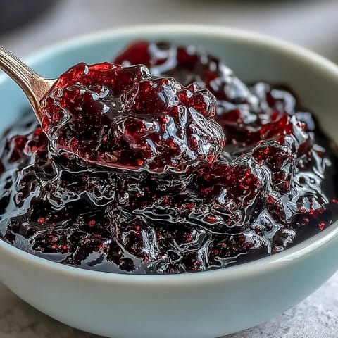 A jar of homemade Black Currant Jelly with a deep purple hue, glistening next to toast points and a silver spreader.