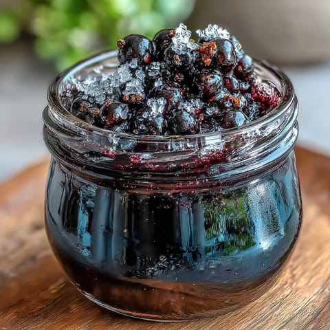 Easy Blackcurrant Liqueur pours rich and purple from a glass bottle next to fresh berries and rum.