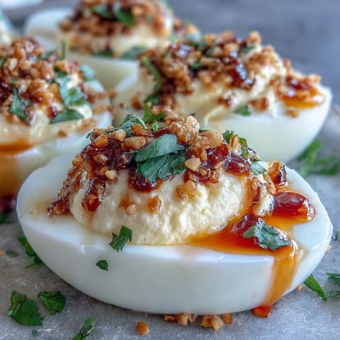Twelve spicy chili garlic deviled egg halves stacked neatly, showing creamy yolk filling and a glossy oil drizzle.