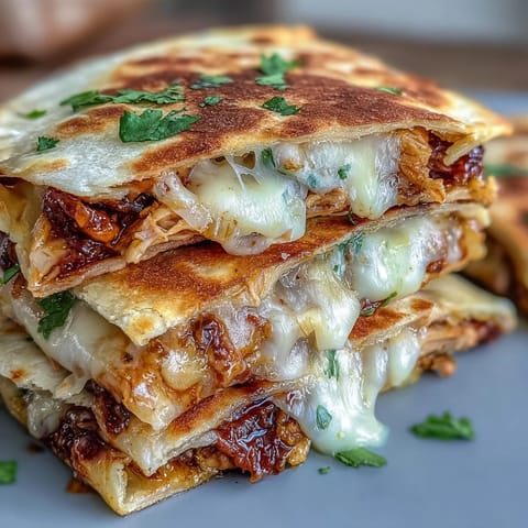 Crispy flour tortilla filled with shredded chicken, smoky BBQ sauce, and onions, garnished with fresh cilantro on a plate.