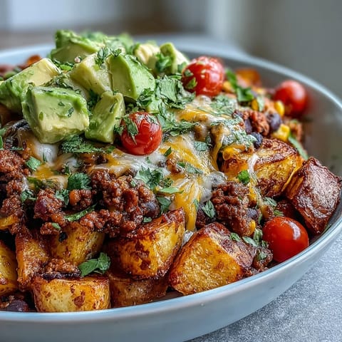 Colorful Loaded Potato Taco Bowl garnished with fresh avocado, cherry tomatoes, and chopped cilantro with a lime wedge on the side.