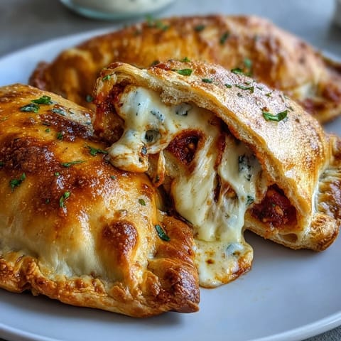 A close-up of one High Protein Pizza Hot Pocket broken open reveals a savory pizza filling next to fresh basil and a side salad.