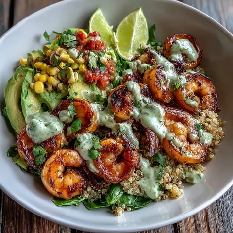 Smoky grilled shrimp layered over rice in a Grilled Shrimp Bowl, with avocado and drizzled garlic sauce.