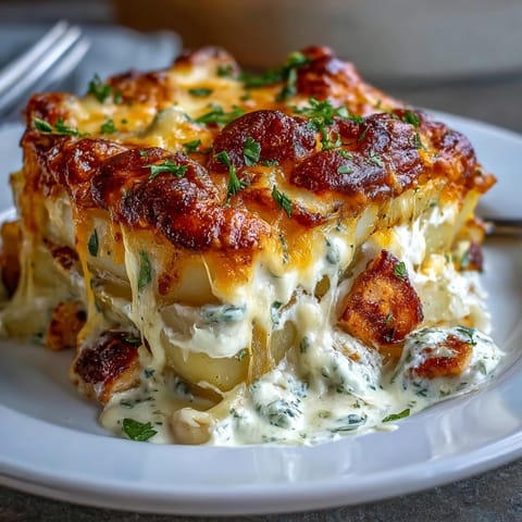 Golden, bubbly cheddar tops layers of sliced potatoes and chicken in a creamy Ranch Chicken Potato Bake, served hot from the oven.