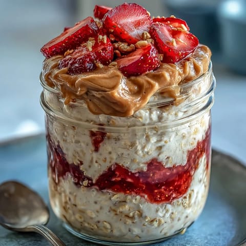 Creamy jar of High-Protein Peanut Butter & Jelly Overnight Oats layered with rich peanut butter and vibrant strawberry jam swirl.