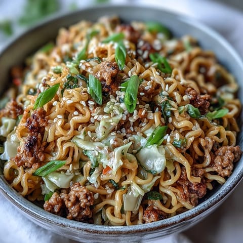 Creamy Potsticker Noodle Stir-Fry features golden ground turkey, crisp cabbage, and ramen tossed in a rich, savory peanut sauce. 
