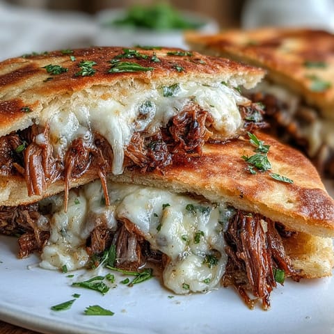 Fork-tender Slow Cooker Beef & Garlic Naan Melt stacked high with gooey melted cheese, served with rich au jus for dipping.