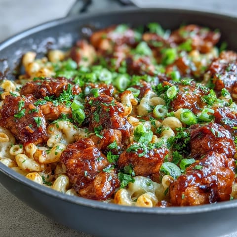 Close-up of a fork lifting creamy cheddar pasta coated in sticky honey BBQ sauce with tender chicken pieces, served in a rustic cast-iron skillet for a cozy weeknight dinner.