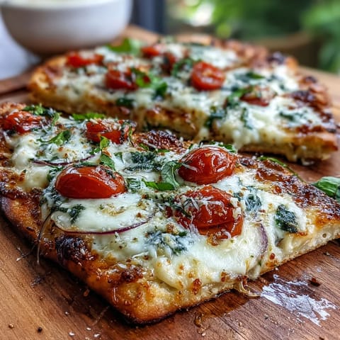 Golden-brown Crispy Garlic Parmesan Naan Pizza fresh from the oven, topped with melted mozzarella and cherry tomatoes.